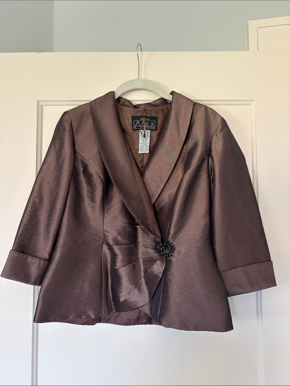 Alex Evenings Satin Shawl Collar Jacket in Chocolate Brown